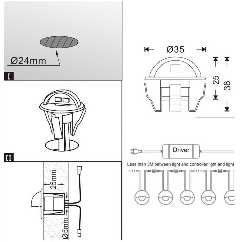 Kit 6 spots LED encastrables 0,4W IP67 pour escalier Kit 6 spots LED encastrables 0,4W IP67 pour escalier