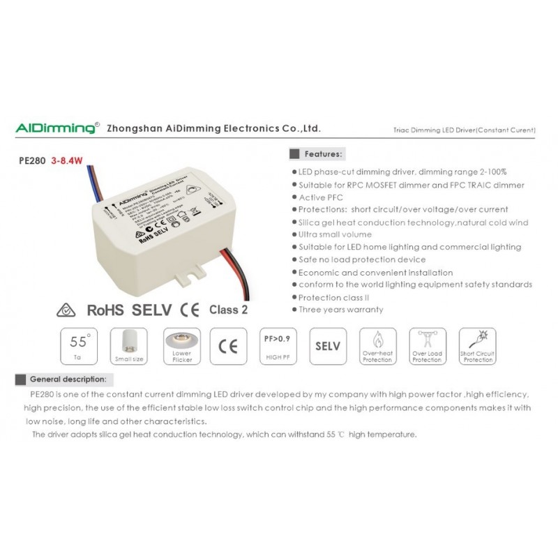Driver LED dimmable TRIAC 25-42V-DC 200ma 8W