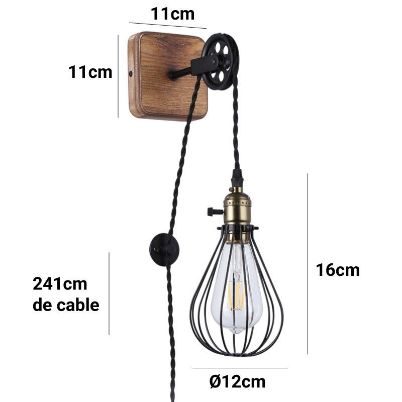 Applique Murale Industrielle Vintage Lampe Murale en Bois Métal Rétro E27  Luminaire Applique Interieur Avec Interrupteur Prise lampe de chevet