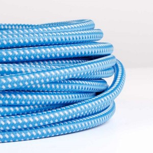 Câble électrique rond enrobé d'un tissu effet soie de couleur bleue et blanche
