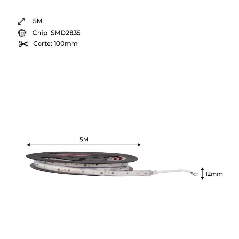 Ruban LED 230V 75W (600xSMD2835) 12mm IP67 Bobine de 5 mètres Ruban LED 230V 75W (600xSMD2835) 12mm IP67 Bobine de 5 mètres