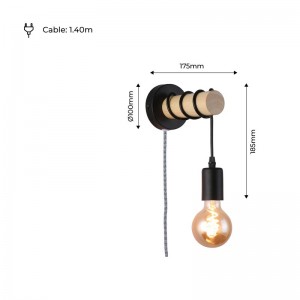 Lampe murale en bois avec interrupteur et prise "MILA"