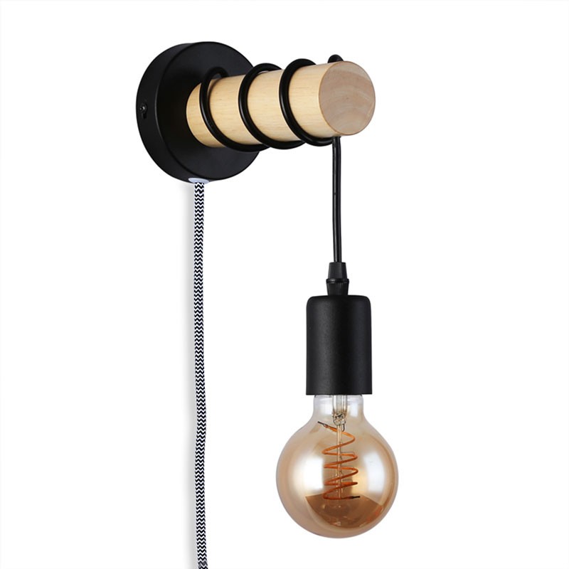 Lampe murale en bois avec interrupteur et prise "MILA" Lampe murale en bois avec interrupteur et prise "MILA"