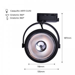 Projecteur LED pour rail monophasé AR111 GU10