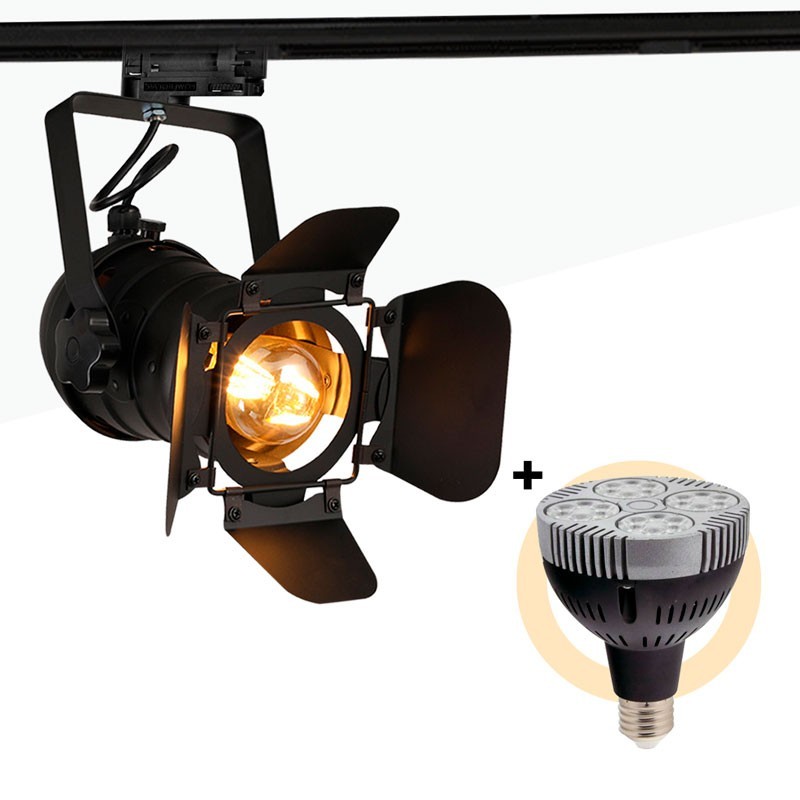 Projecteur sur rail triphasé orientable "CINEMA" avec ampoule LED PAR30 E27