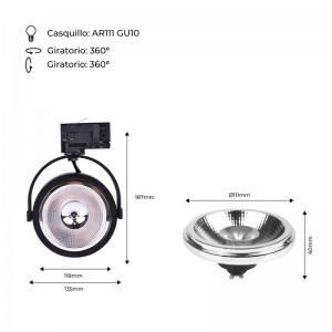 Spot LED triphasé sur rail noir 15W 2700K avec AR111- Expert