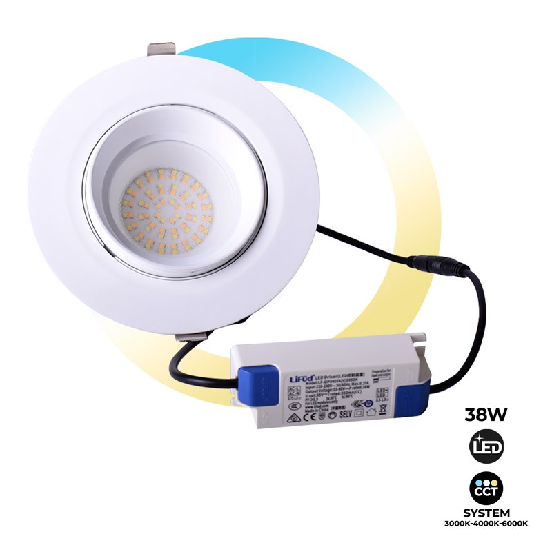 Spot LED encastrable rond 38W orientable. Downlight CCT driver LIFUD