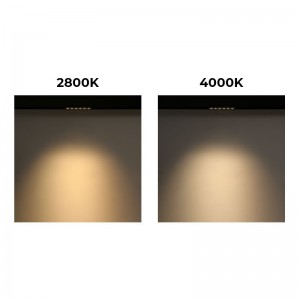 Spot linéaire sur rail  lumière chaude (2800K) et lumière neutre (4000K).
