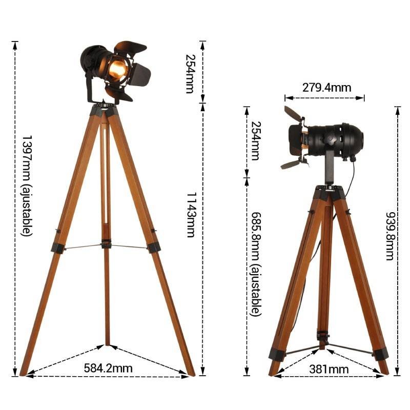 Lampe sur pied/projecteur de cinéma en bois à hauteur réglable par