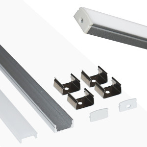 Profilé de surface en aluminium pour bande LED avec diffuseur - 4 clips - 2 embouts - 17x8mm - 2 mètres
