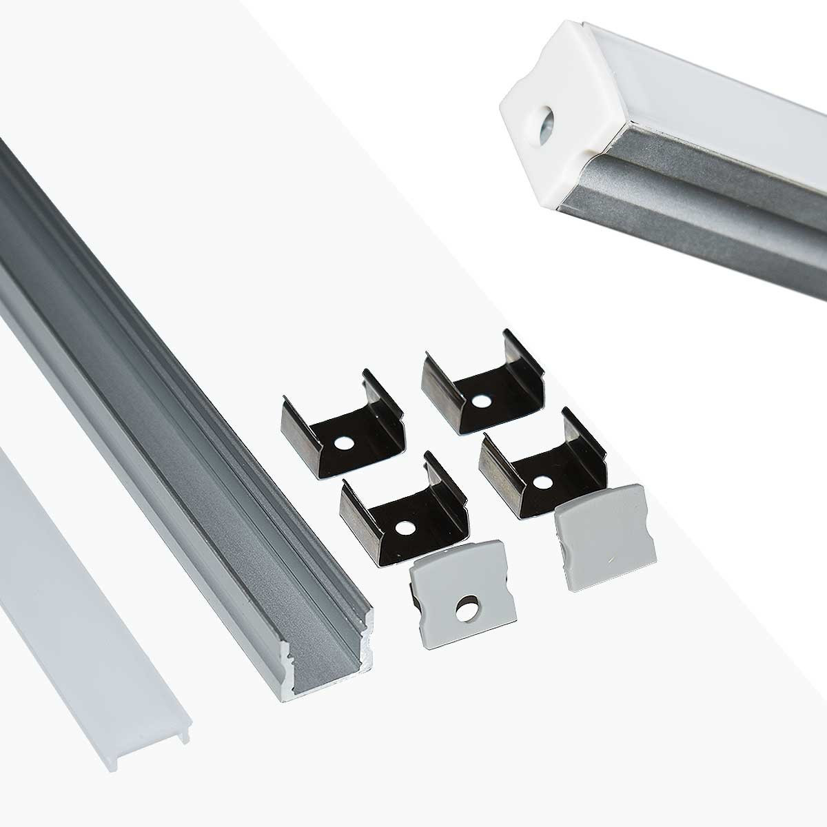 Profilé de surface en aluminium pour bande LED avec diffuseur 17x15mm - 4  clips - 2 embouts - 2 mètres