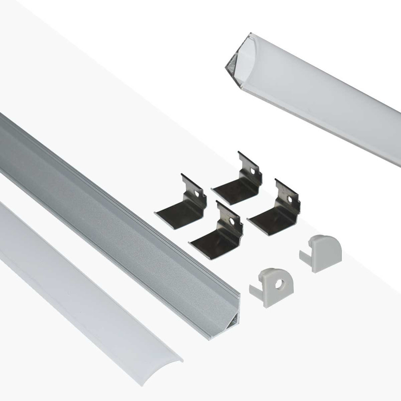 Profilé d'angle en aluminium pour bande LED avec diffuseur - 16x16mm - 4 agrafes - 2 couvercles - 2 mètres