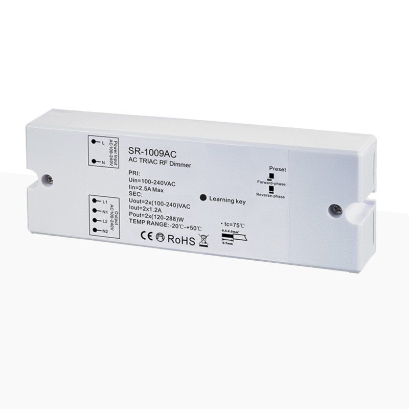 Contrôleur monocouleur dimmable - AC TRIAC RF Dimmer - 2 canaux 1,2A/ch - 100-240VAC - Sunricher Perfect RF