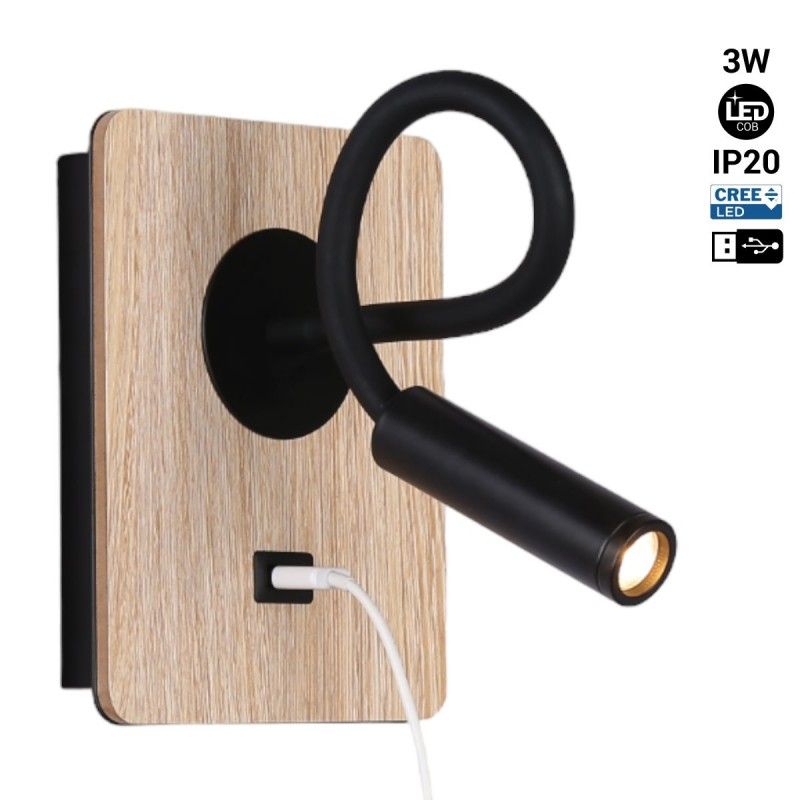 Lampe de lecture murale flexible avec port USB LONDON USB - Puce CREE - 3W