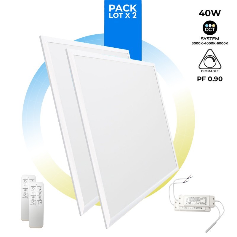 Pack de 2 panneaux LED slim CCT dimmable avec télécommande - 60x60cm - 40W