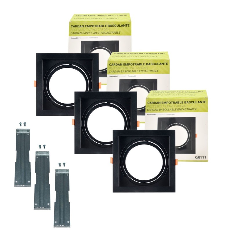 Pack x 3 noir - Collerette downlight carré avec cardan pour ampoule QR111 ou AR111