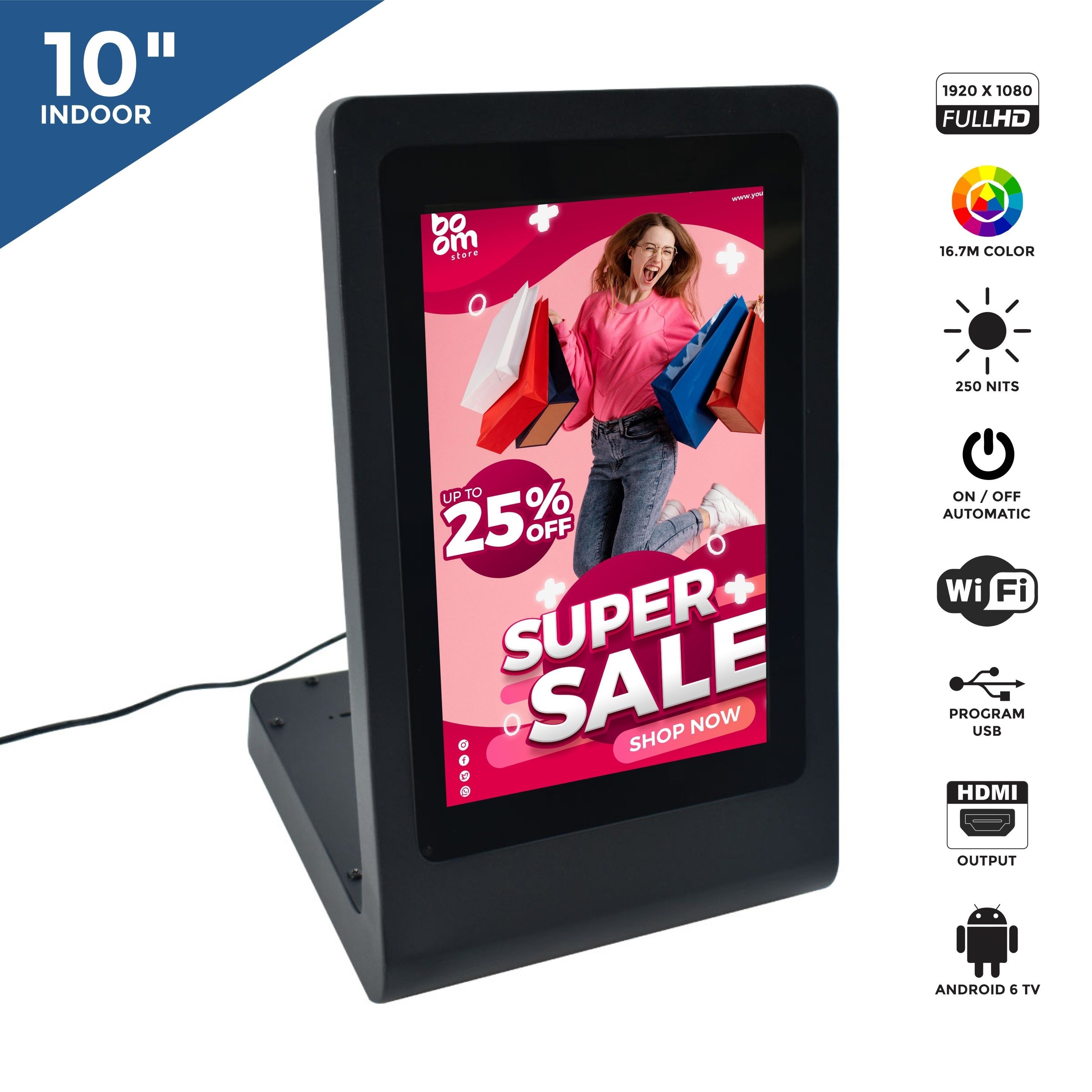 Ecran publicitaire de table LCD 10,1 avec câble - Android TV 6.0