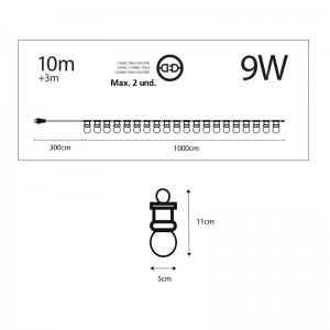 Guirlande à Led 10m+3m 20 ampoules Noir Blanc Chaud 9W