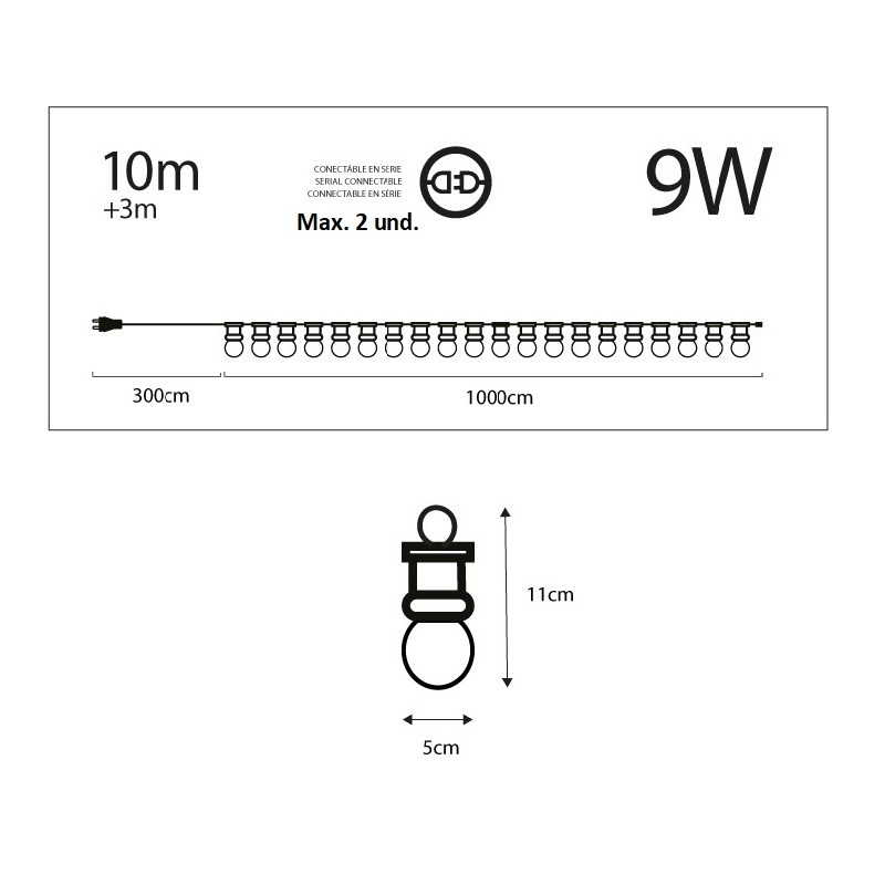 Guirlande à Led 10m+3m 20 ampoules Noir Blanc Chaud 9W