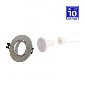 10 KITS - Collerette downlight orientable couleur argent Ø90mm + Ampoule GU10 5W + Douille GU10