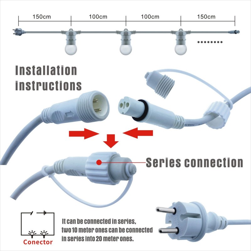 10m Guirlande Guinguette LED IP65 - Exterieur - Raccordable - Lampesonline