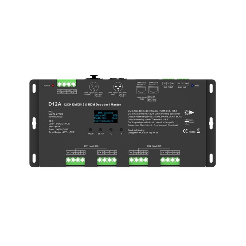 Décodeur DMX512 12-24V DC - 5A/canal - 12 canaux - Écran OLED