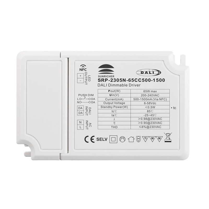 Driver DALI DT6 monochrome dimmable 220-240V - Sortie 6-58V DC - 500-1500mA - 65W