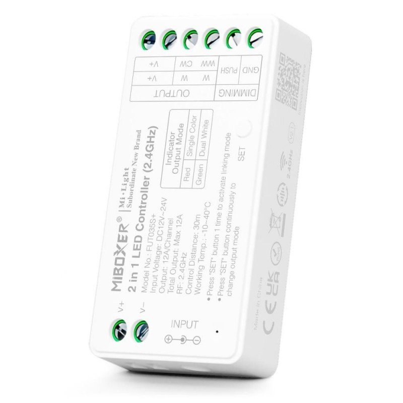 Contrôleur rubans LED 2 en 1 - Monochrome et CCT - 12/24V DC - 2.4G - MiBoxer - FUT035S+