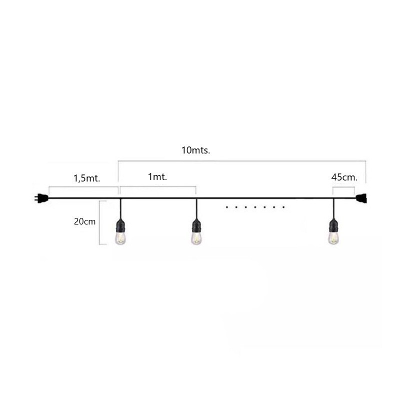 Kit guirlande lumineuse extérieure vintage 11,5 mètres + 10 ampoules LED  E27 filament 1W - IP65 - Ambre - Extra chaud