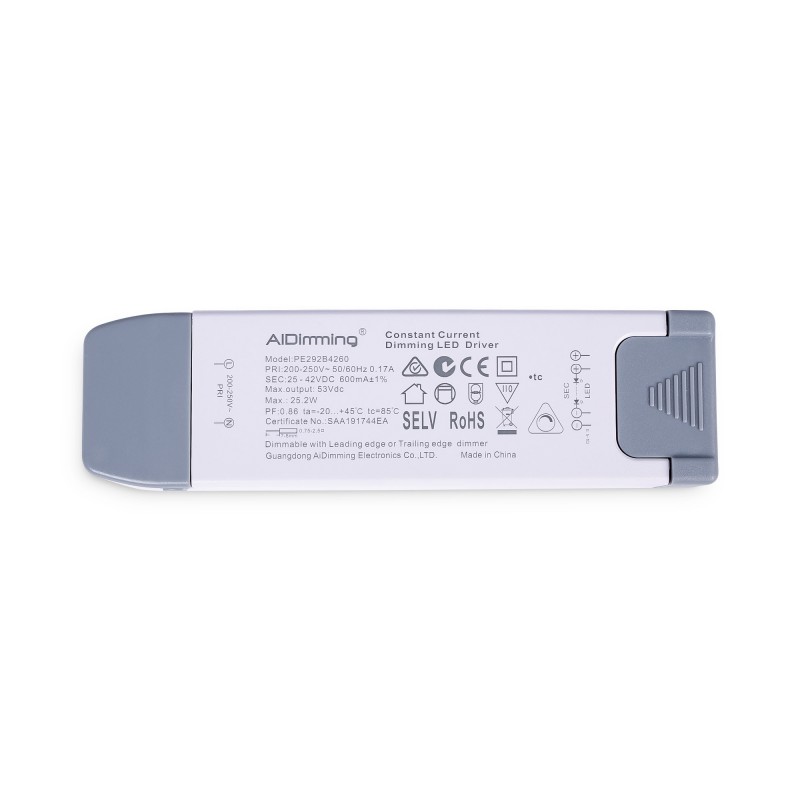 Driver LED dimmable TRIAC 25-42V DC - 600mA - 25,2W