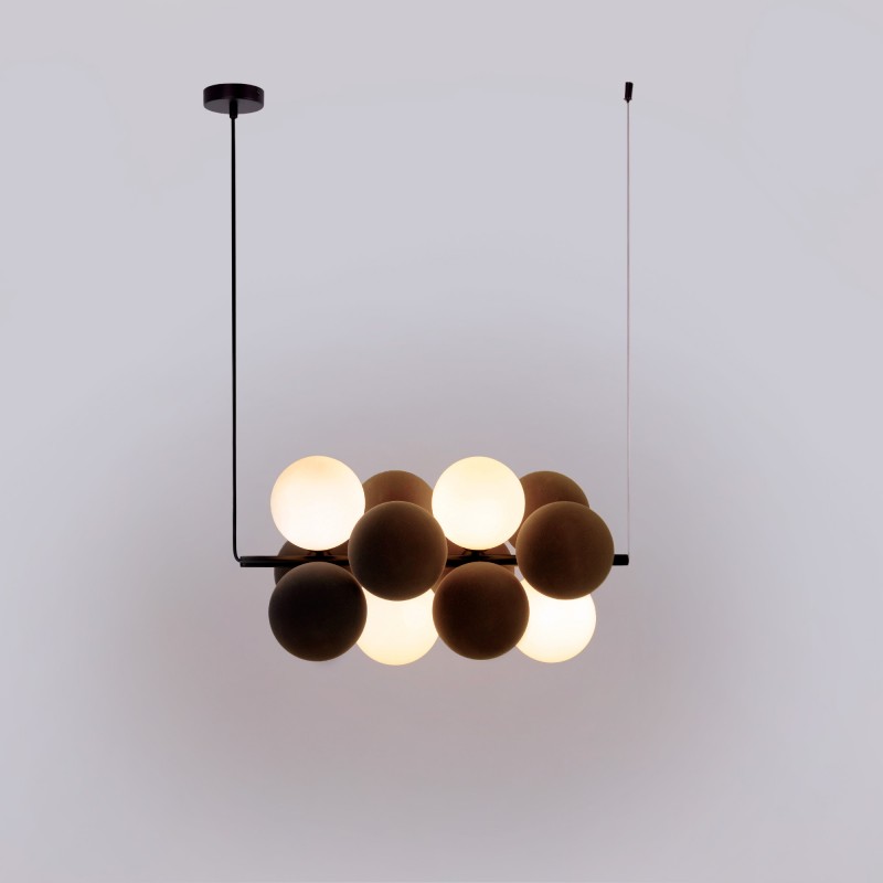 Suspension acoustique horizontale "DRAC" - 4 globes lumineux et 8 globes absorbants