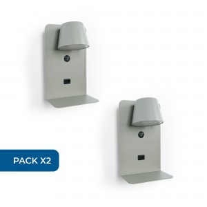 Lot de 2 - Applique murale liseuse avec port USB "BASKOP" - 6W - Design vertical - Gris