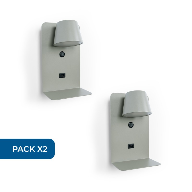 Lot de 2 - Applique murale liseuse avec port USB "BASKOP" - 6W - Design vertical - Gris