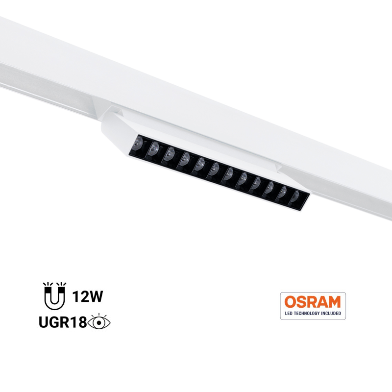 Spot linéaire orientable pour rail magnétique 48V- 12W - 2800K - OSRAM chip - UGR18 - Blanc