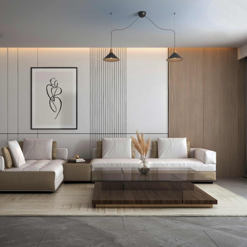 Double luminaire suspension en métal et bois "Selroom" - Noir - 2xE27 Double luminaire suspension en métal et bois "Selroom" - Noir - 2xE27