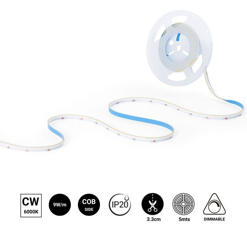 Ruban LED COB monochrome 24V DC - Emission latérale - 9W/m - 8mm - IP20 - Coupe 3cm - Rouleau de 5 mètres