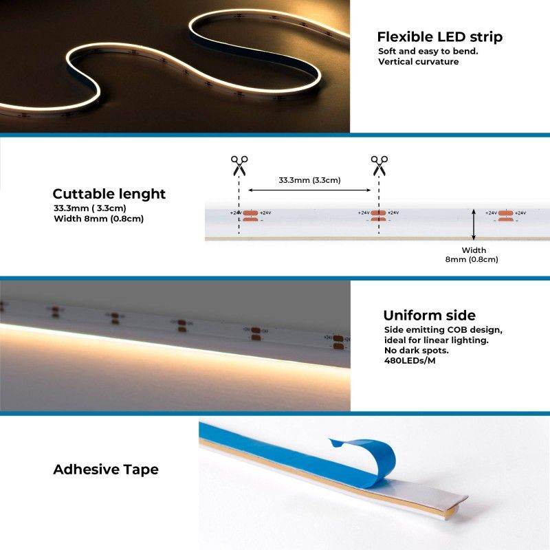 Ruban LED COB monochrome 24V DC - Emission latérale - 9W/m - 8mm - IP20 - Coupe 3cm - Rouleau de 5 mètres