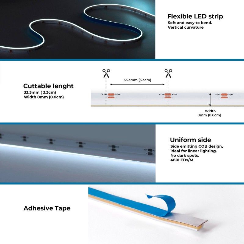 Ruban LED COB monochrome 24V DC - Emission latérale - 9W/m - 8mm - IP20 - Coupe 3cm - Rouleau de 5 mètres