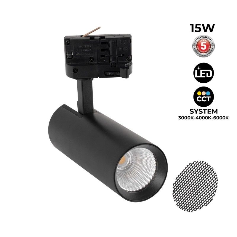 Projecteur LED pour rail triphasé 15W - CCT - CRI90 - 1350 lm Projecteur LED pour rail triphasé 15W - CCT - CRI90 - 1350 lm