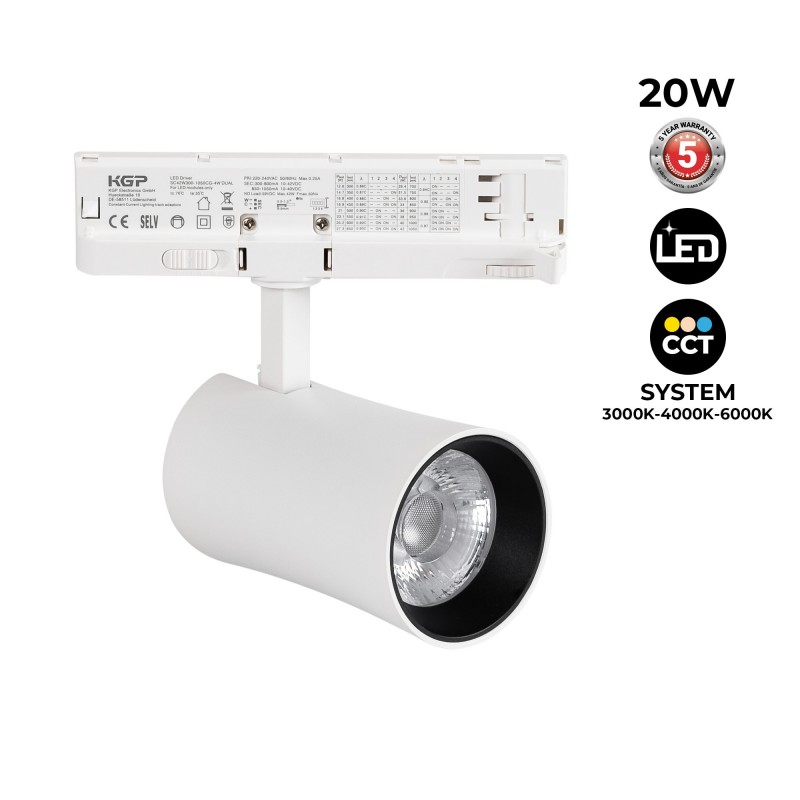 Spot LED architectural pour rail triphasé - CCT - 20W - CRI 90 - KGP Driver Spot LED architectural pour rail triphasé - CCT - 20W - CRI 90 - KGP Driver
