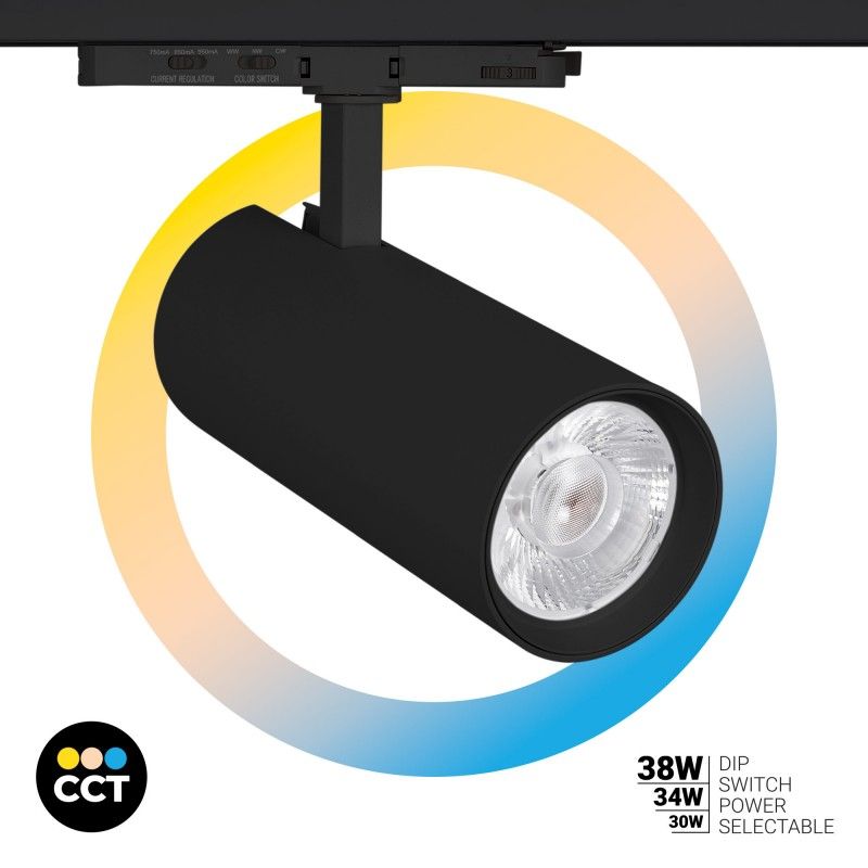 Projecteur LED pour rail triphasé - Puissance réglable : 30W/ 34W/ 38W - CCT - CRI 90