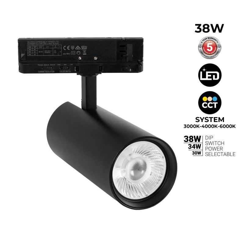 Projecteur LED pour rail triphasé - Puissance réglable : 30W/ 34W/ 38W - CCT - CRI 90