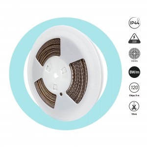 Bande LED 220V AC - Monocouleur - 8W/m - 6.5mm - IP44 - 20 mètres - 120ch/m