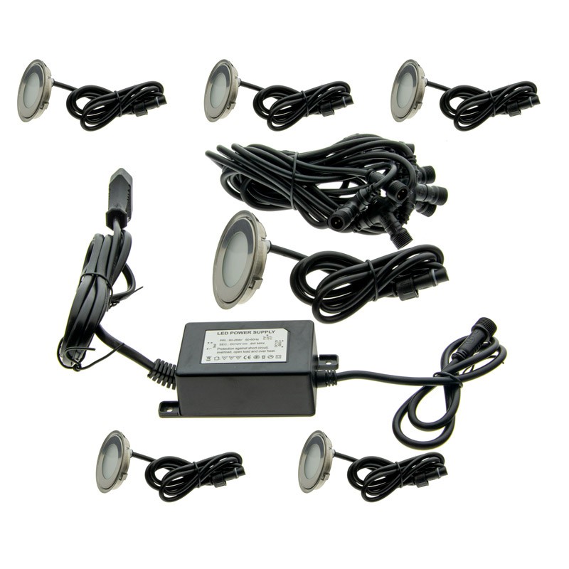 Kit éclairage sol 6 spots Ø58x9 mm + Câbles raccordement + Alimentation 0,65A Kit éclairage sol 6 spots Ø58x9 mm + Câbles raccordement + Alimentation 0,65A