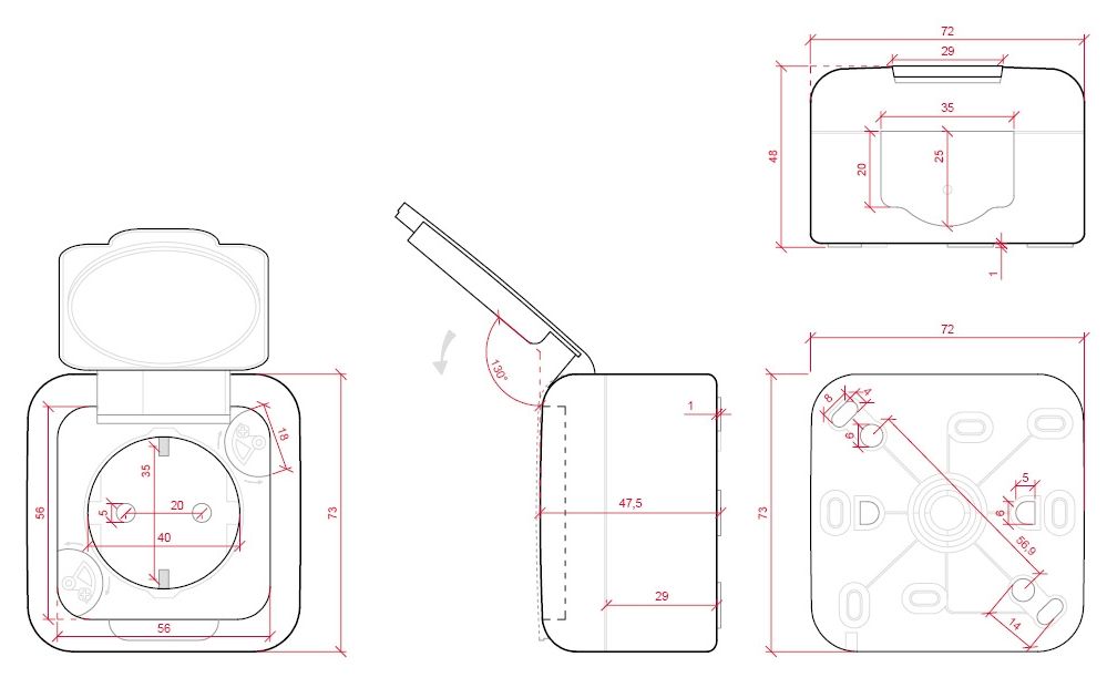 dimensions prise courant avec cache 250V ip54