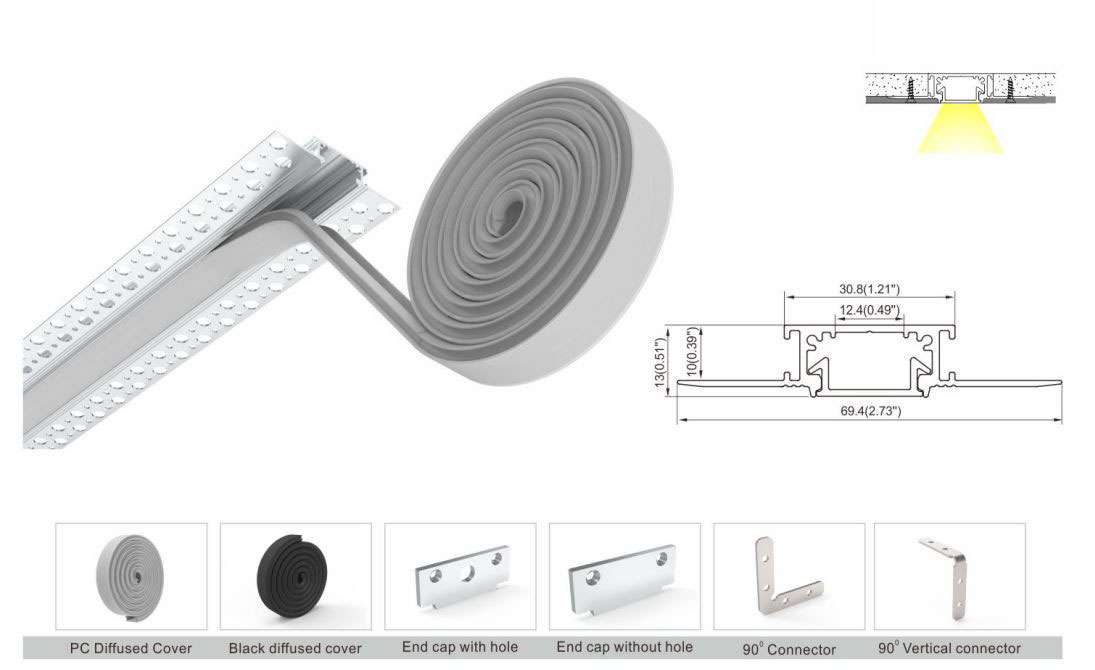 Diffuseur LED noir de 1m à clipser pour profilé aluminium