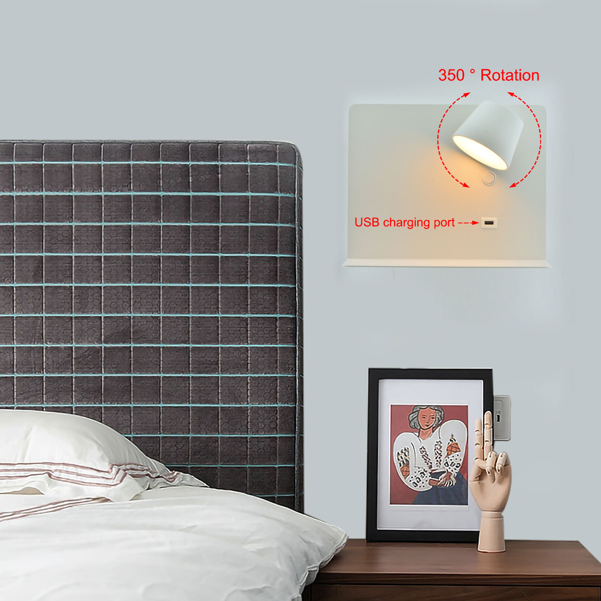 Lampe de lecture murale LED, applique murale sans fil avec port de charge  USB, batterie rechargeable modulée en continu, tactile modulable magnétique  à 360 °