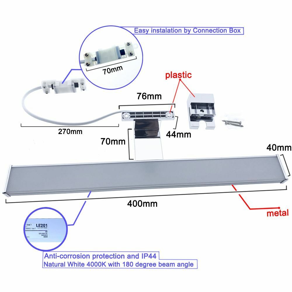 BarcelonaLED Applique de salle de bain lampe de miroir LED 7 W 40 cm étanche IP44 lumière maquillage blanc neutre 4 000 K pour meuble armoire ou mur 3 en 1 