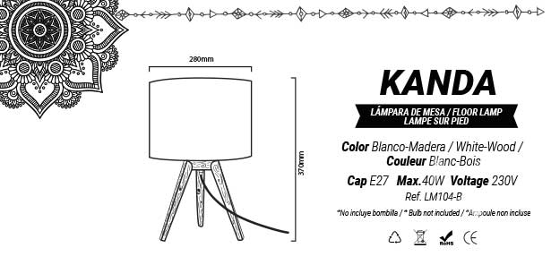 Lampe trépied de table bois Kanda dimensions